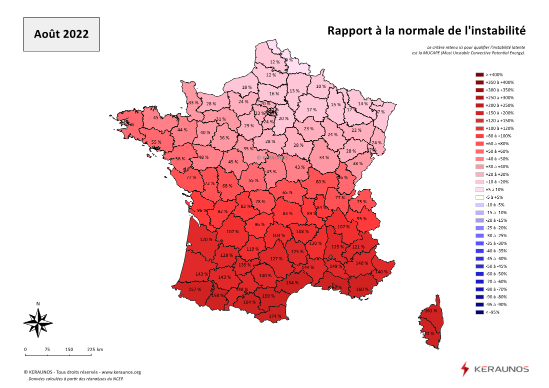 Carte Ecart à la normale de l'instabilité latente - (MUCAPE)