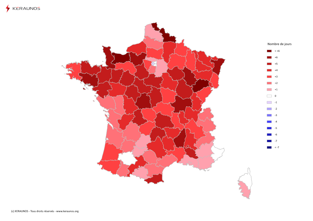 Carte Anomalie du nombre de jours avec orage (moyenne 2009-2015)