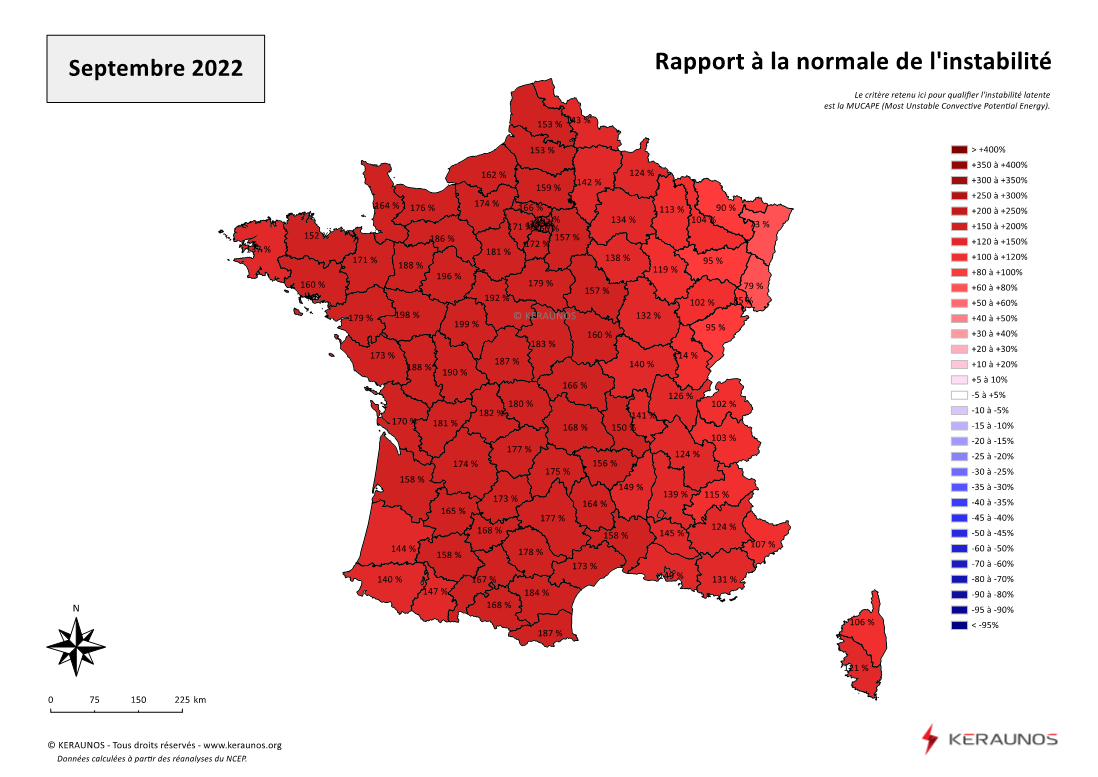 Carte Ecart à la normale de l'instabilité latente - (MUCAPE)