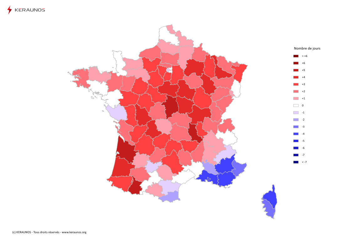 Carte Anomalie du nombre de jours avec orage (moyenne 2009-2015)