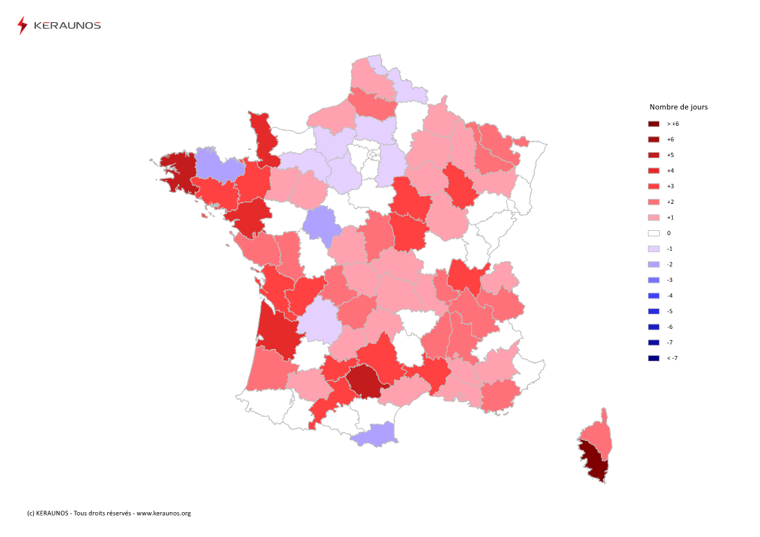 Carte Anomalie du nombre de jours avec orage (moyenne 2009-2015)