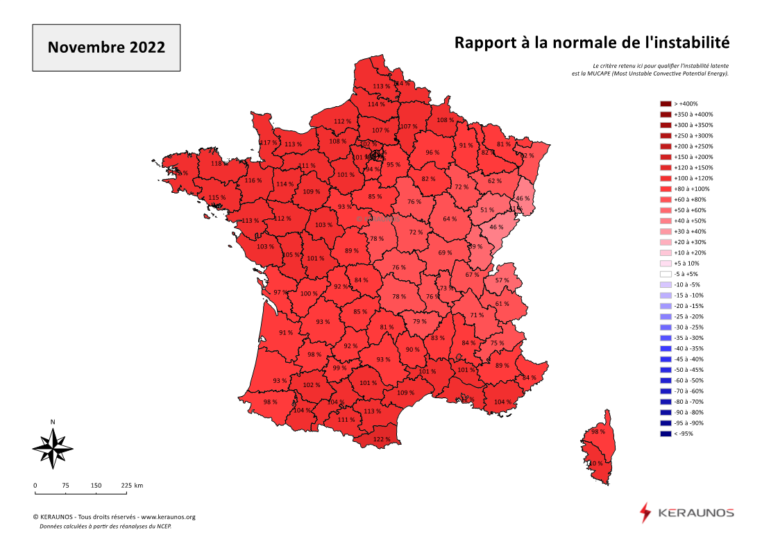 Carte Ecart à la normale de l'instabilité latente - (MUCAPE)