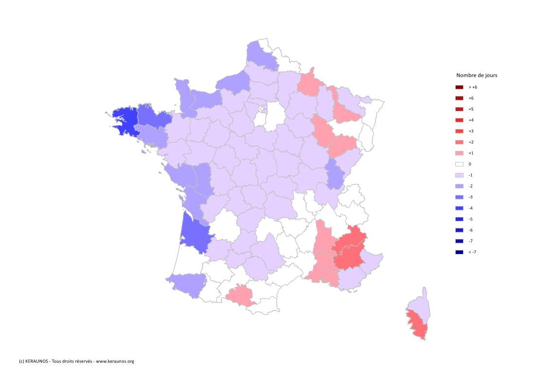 Carte Anomalie du nombre de jours avec orage (moyenne 2009-2015)