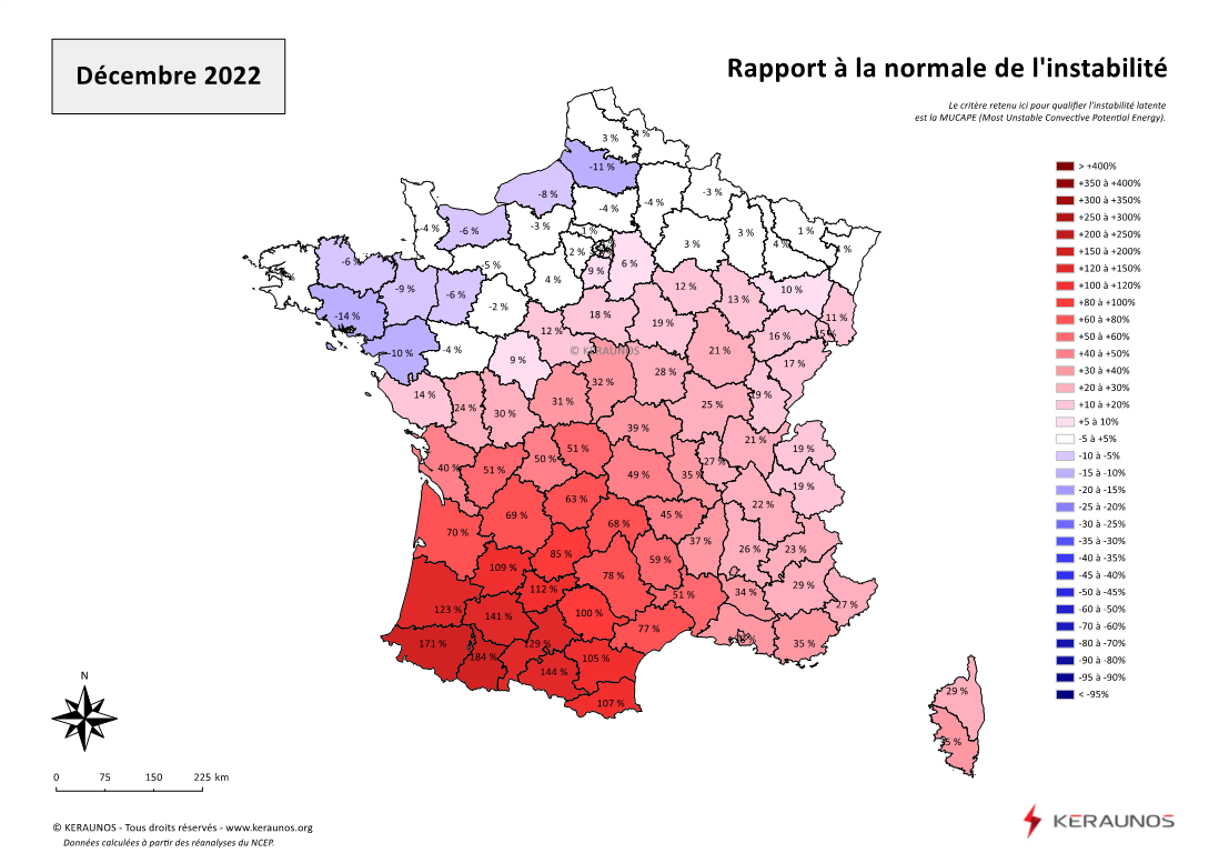 Carte Ecart à la normale de l'instabilité latente - (MUCAPE)