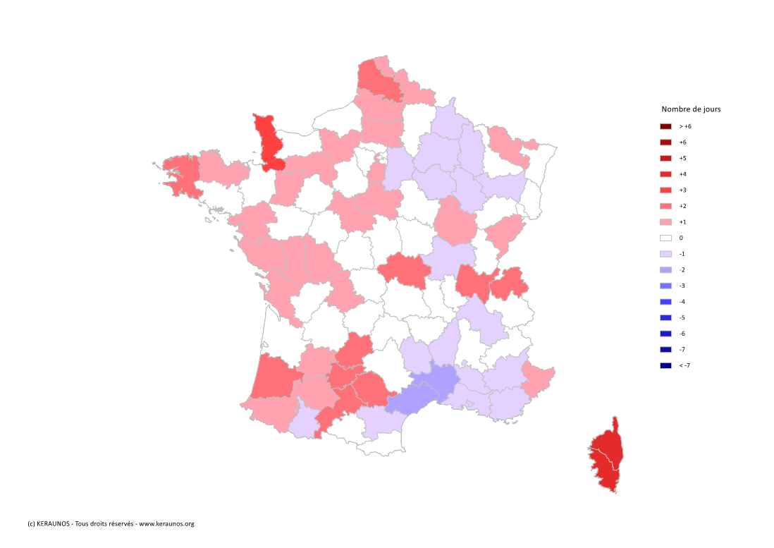 Carte Anomalie du nombre de jours avec orage (moyenne 2009-2015)