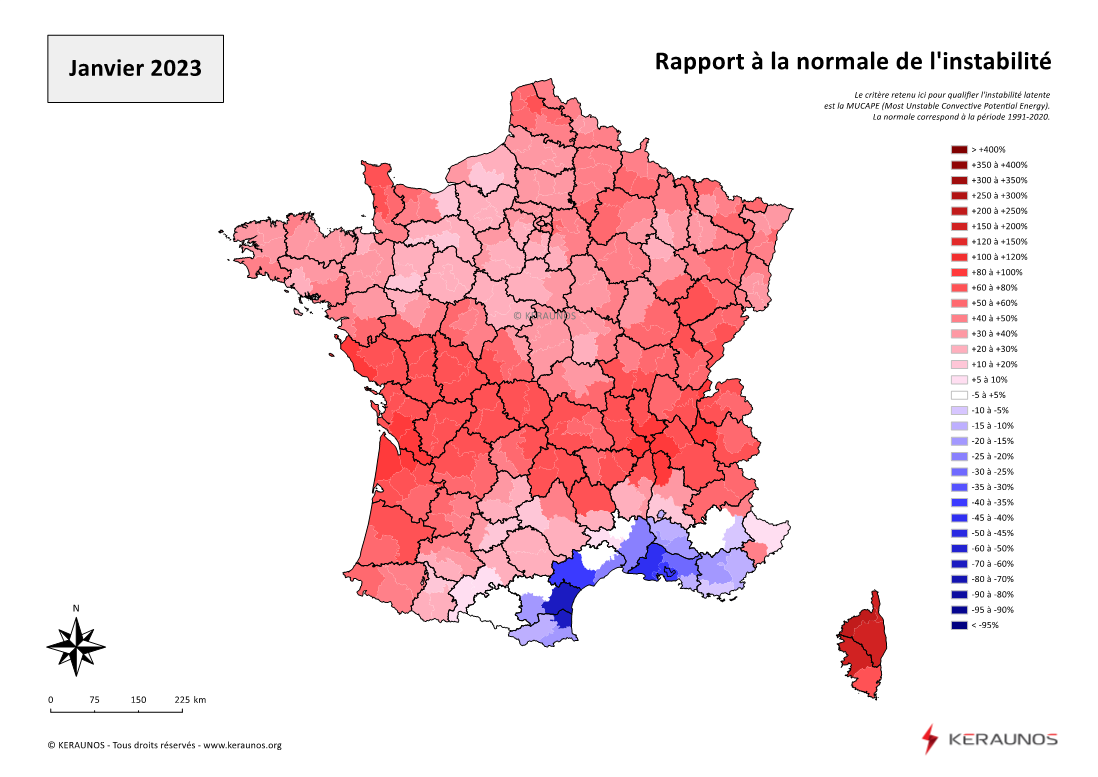 Carte Ecart à la normale de l'instabilité latente - (MUCAPE)