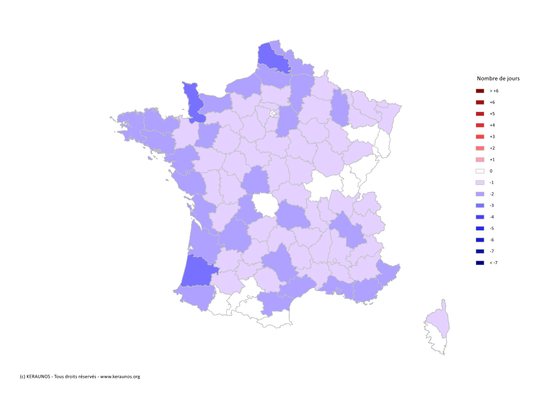 Carte Anomalie du nombre de jours avec orage (moyenne 2009-2015)