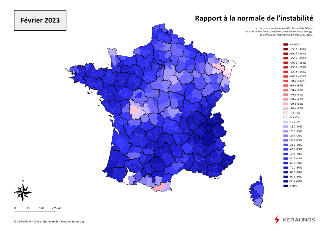 Carte Ecart à la normale de l'instabilité latente - (MUCAPE)