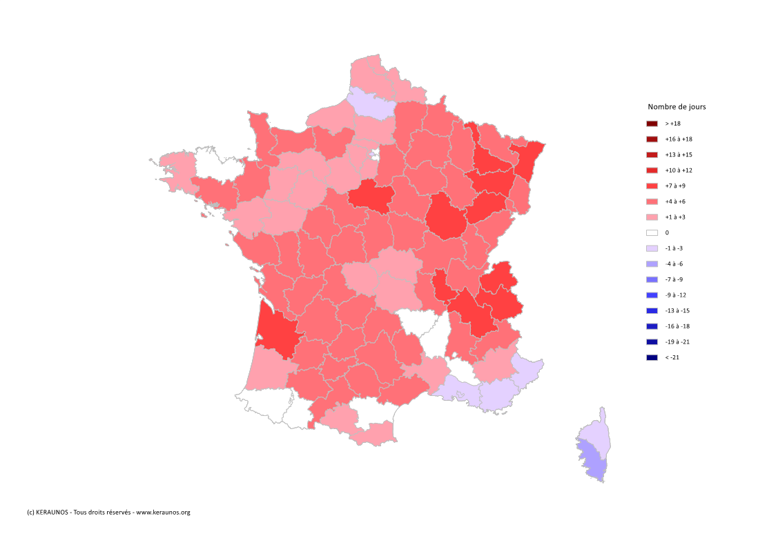 Carte Anomalie du nombre de jours avec orage (moyenne 2009-2015)