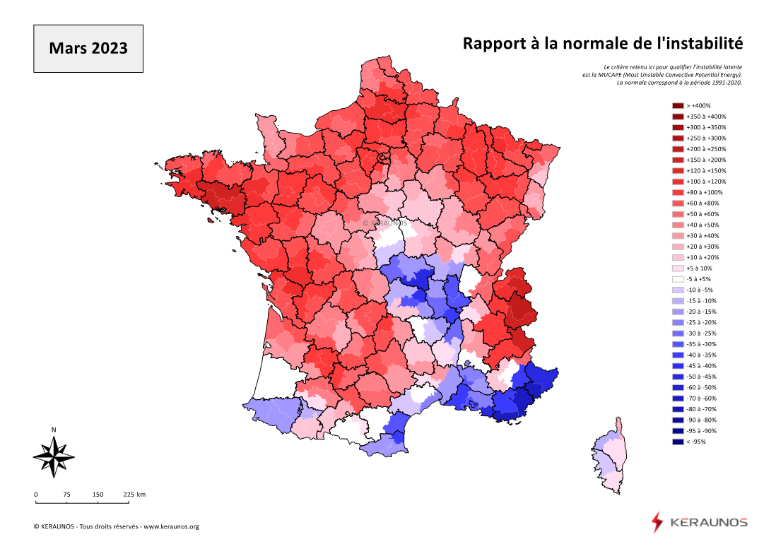 Carte Ecart à la normale de l'instabilité latente - (MUCAPE)