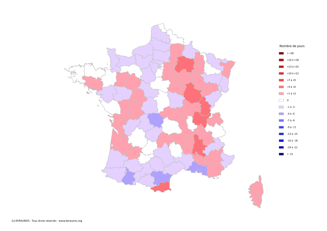 Carte Anomalie du nombre de jours avec orage (moyenne 2009-2015)