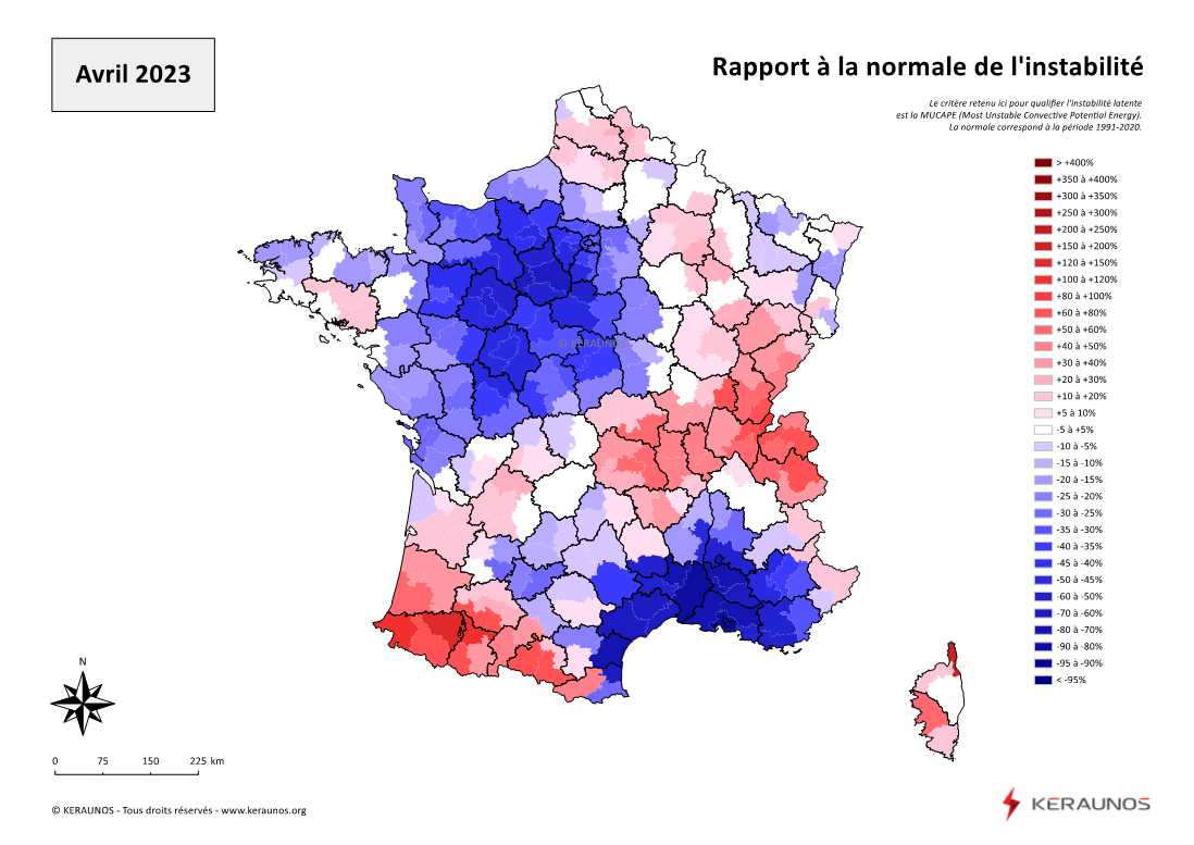 Carte Ecart à la normale de l'instabilité latente - (MUCAPE)