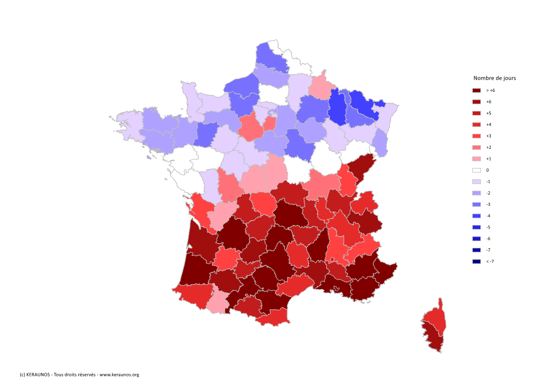 Carte Anomalie du nombre de jours avec orage (moyenne 2009-2015)