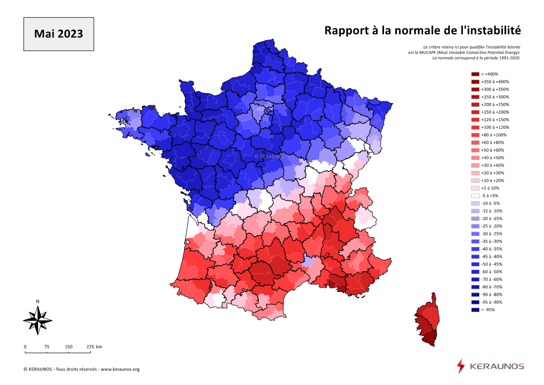 Carte Ecart à la normale de l'instabilité latente - (MUCAPE)