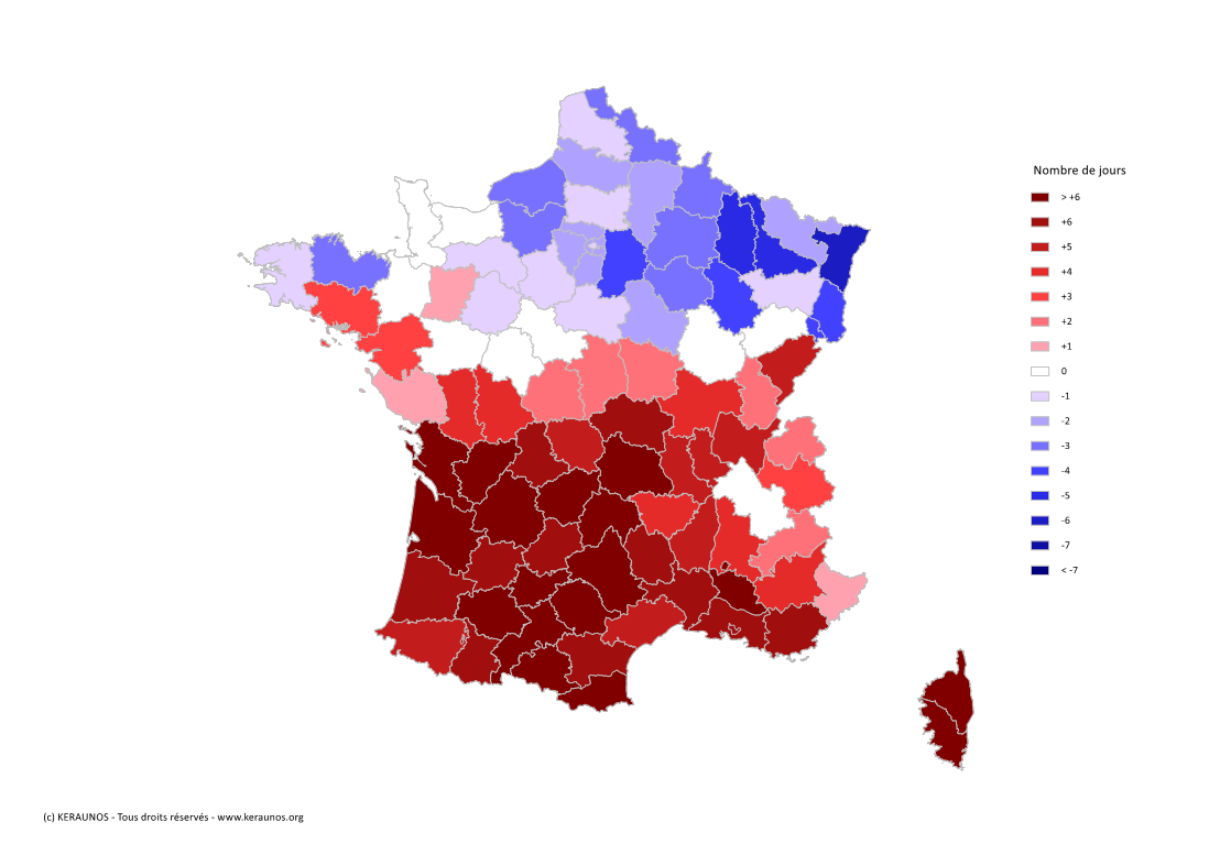 Carte Anomalie du nombre de jours avec orage (moyenne 2009-2015)