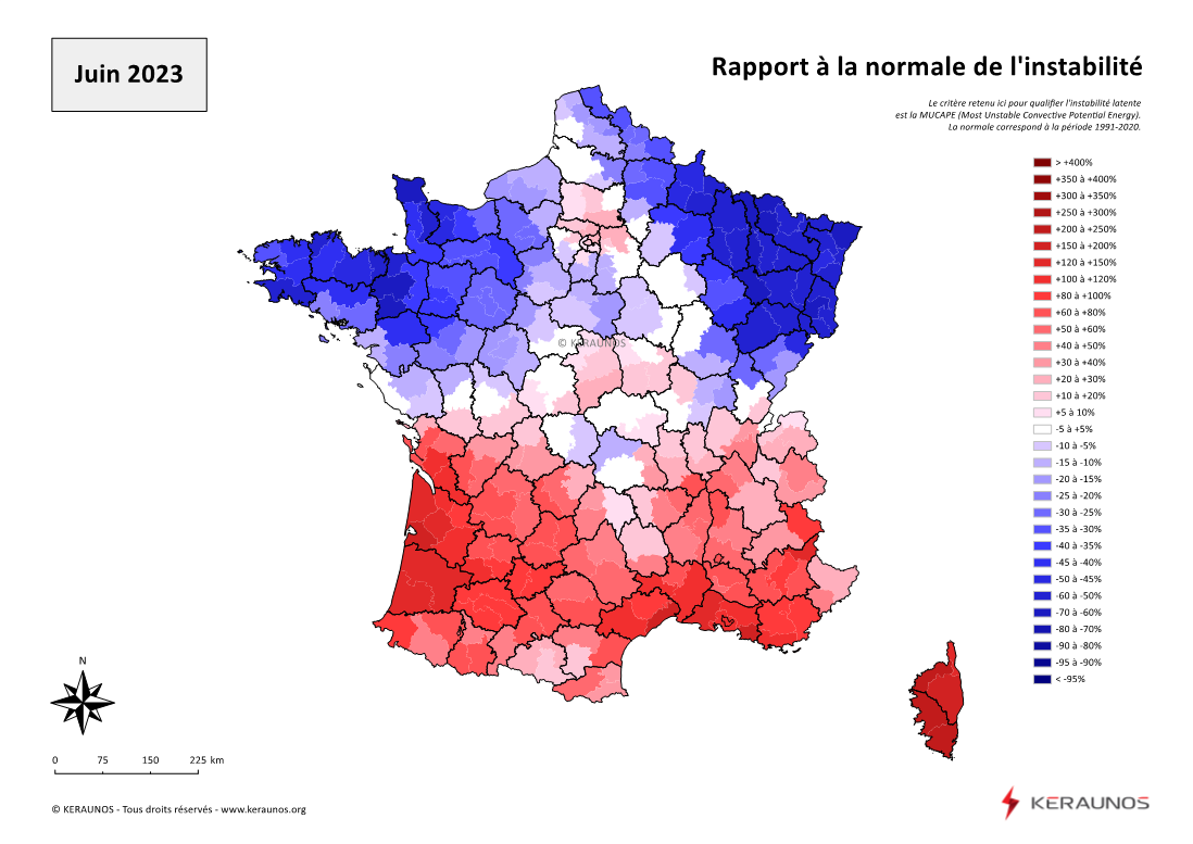 Carte Ecart à la normale de l'instabilité latente - (MUCAPE)