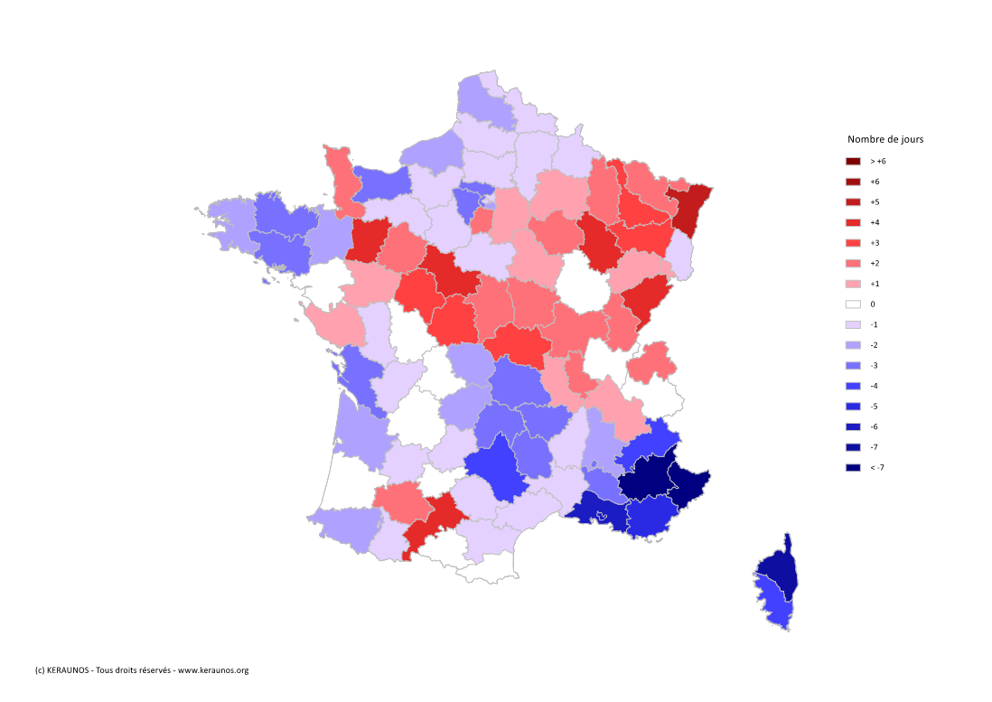 Carte Anomalie du nombre de jours avec orage (moyenne 2009-2015)