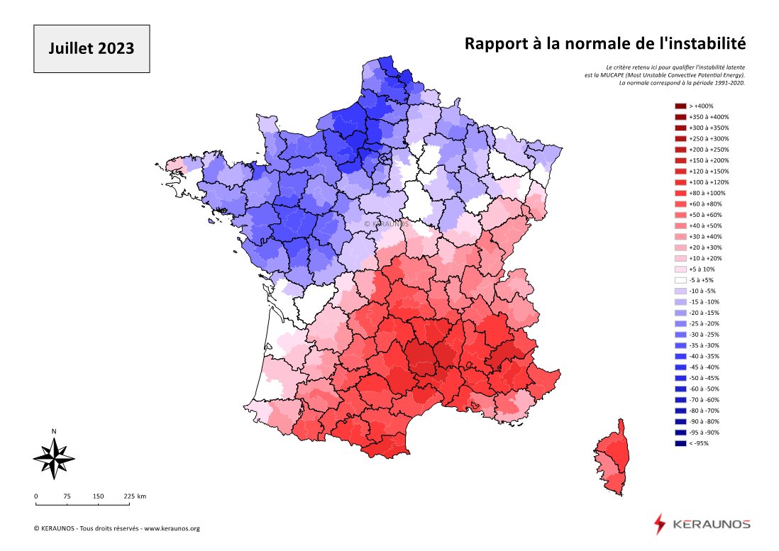 Carte Ecart à la normale de l'instabilité latente - (MUCAPE)