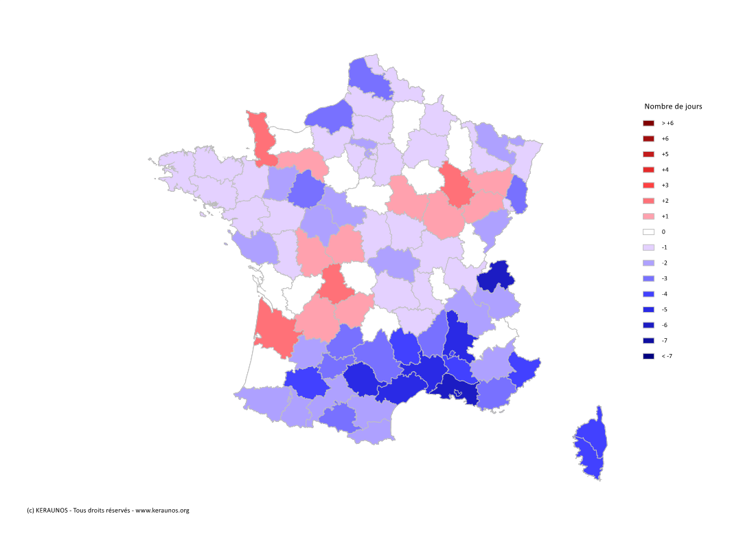 Carte Anomalie du nombre de jours avec orage (moyenne 2009-2015)