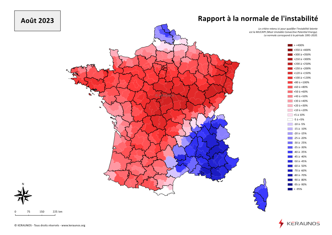 Carte Ecart à la normale de l'instabilité latente - (MUCAPE)