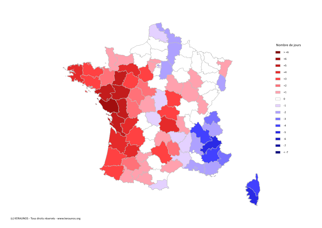 Carte Anomalie du nombre de jours avec orage (moyenne 2009-2015)