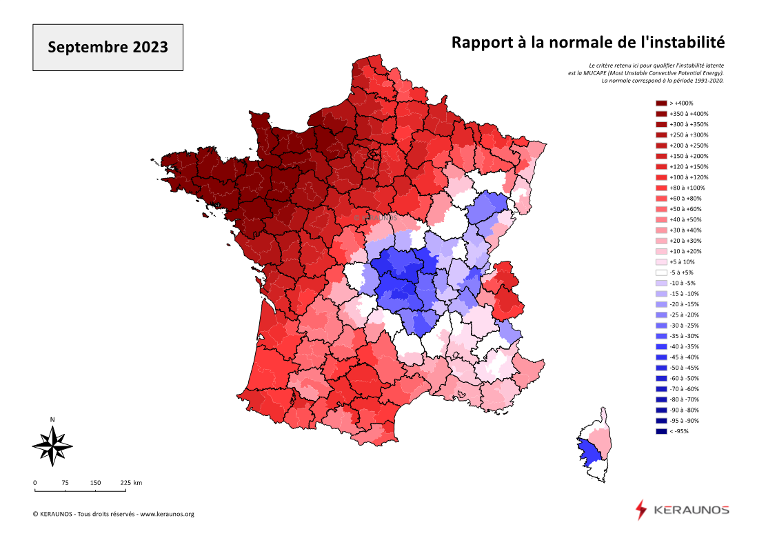 Carte Ecart à la normale de l'instabilité latente - (MUCAPE)