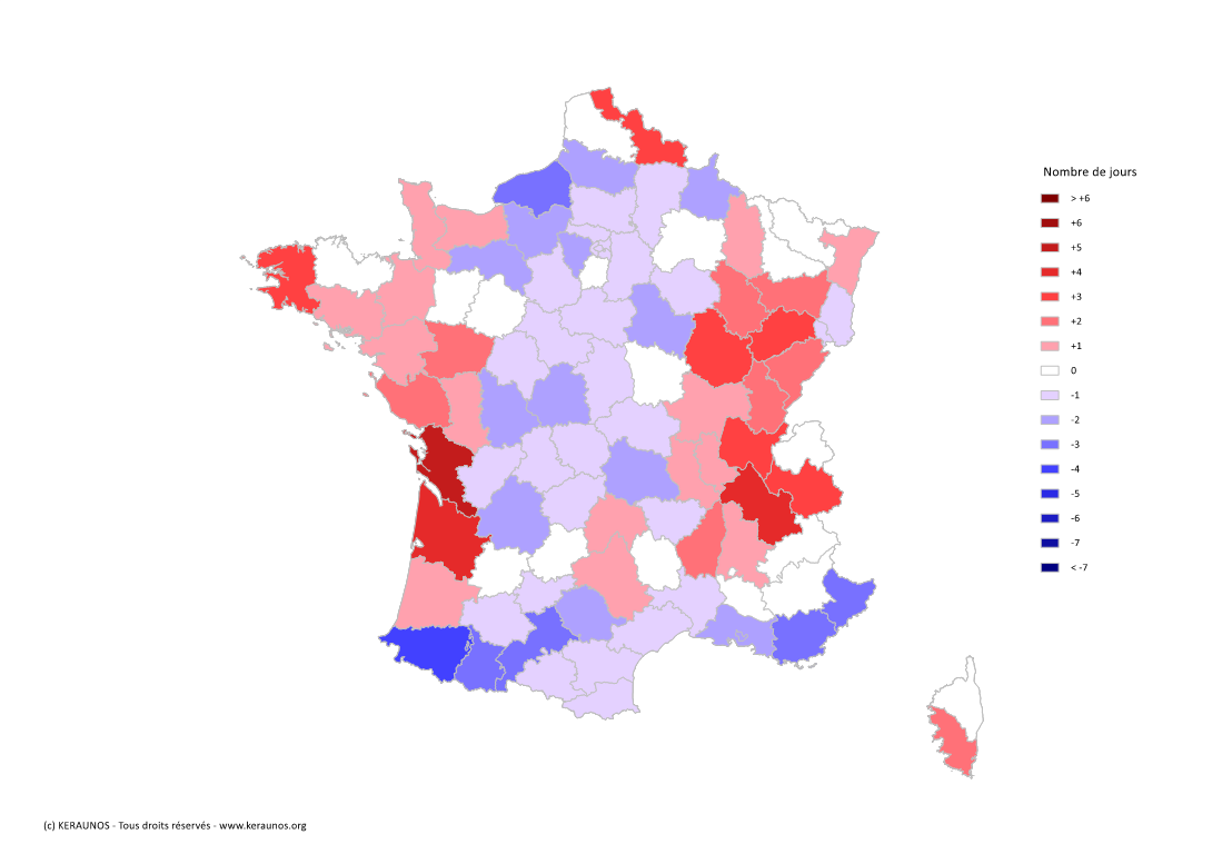 Carte Anomalie du nombre de jours avec orage (moyenne 2009-2015)