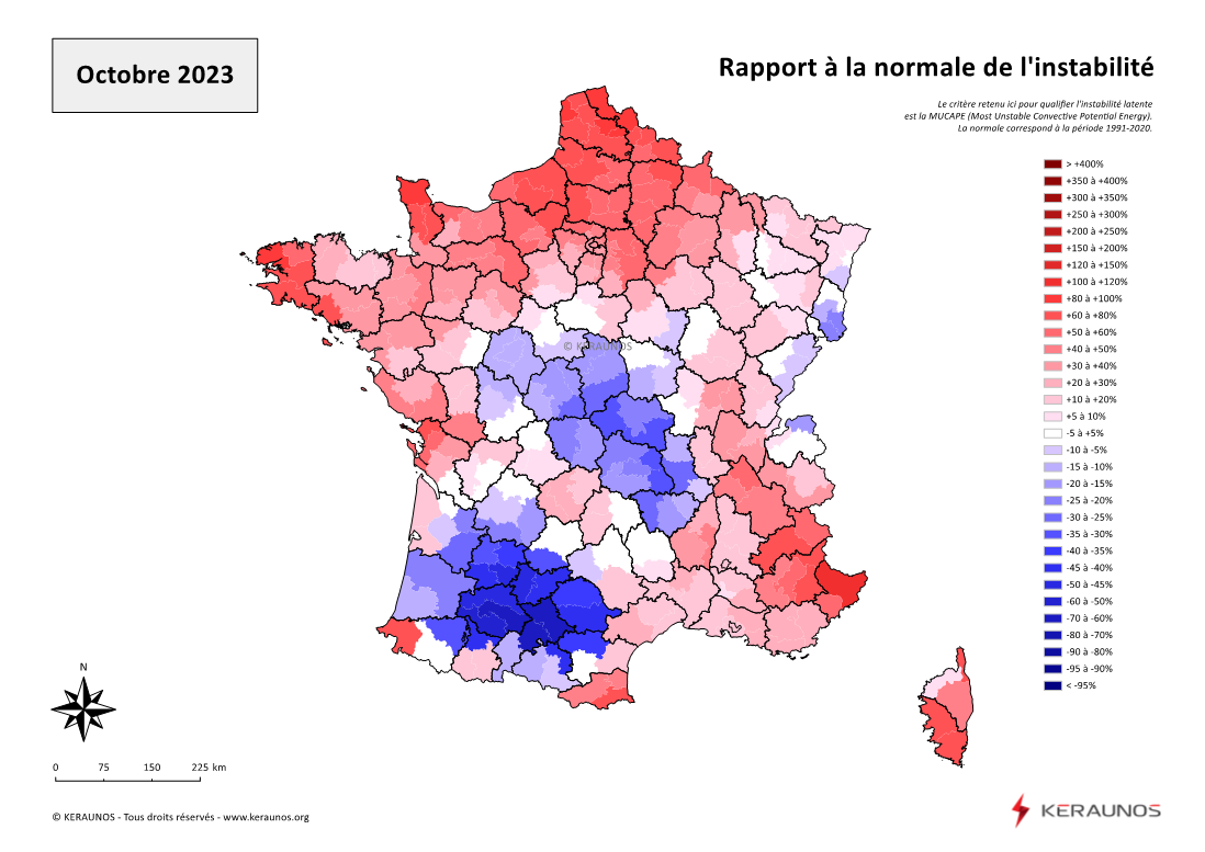 Carte Ecart à la normale de l'instabilité latente - (MUCAPE)