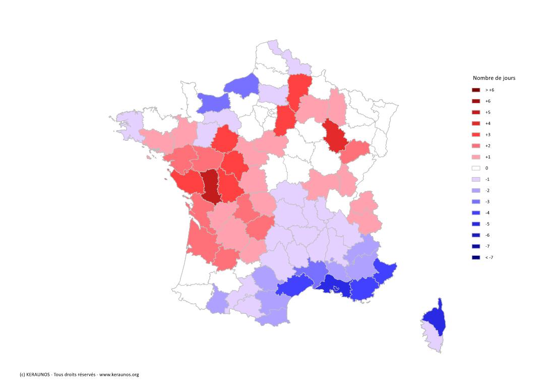 Carte Anomalie du nombre de jours avec orage (moyenne 2009-2015)