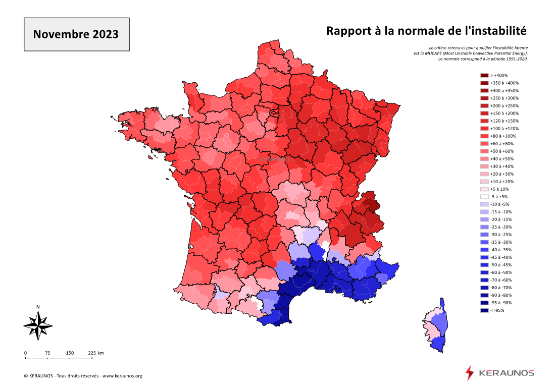 Carte Ecart à la normale de l'instabilité latente - (MUCAPE)