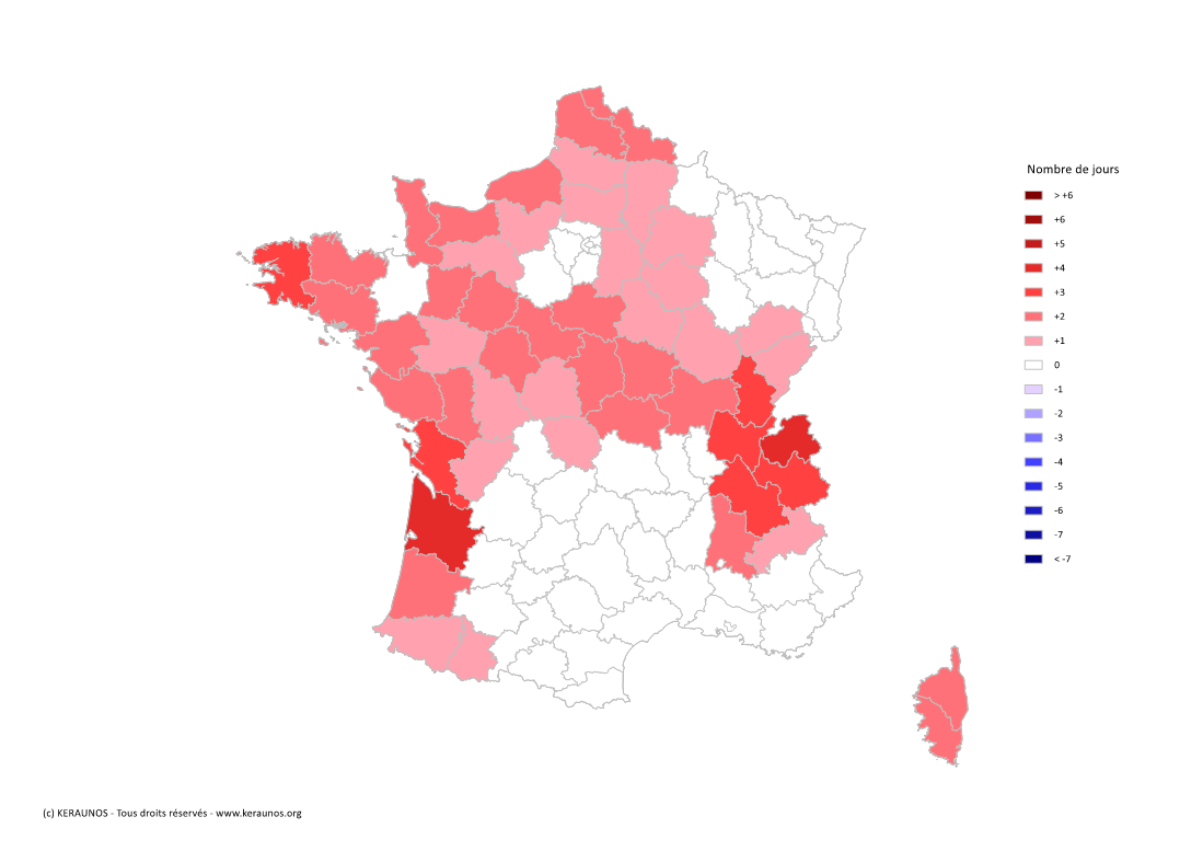 Carte Anomalie du nombre de jours avec orage (moyenne 2009-2015)