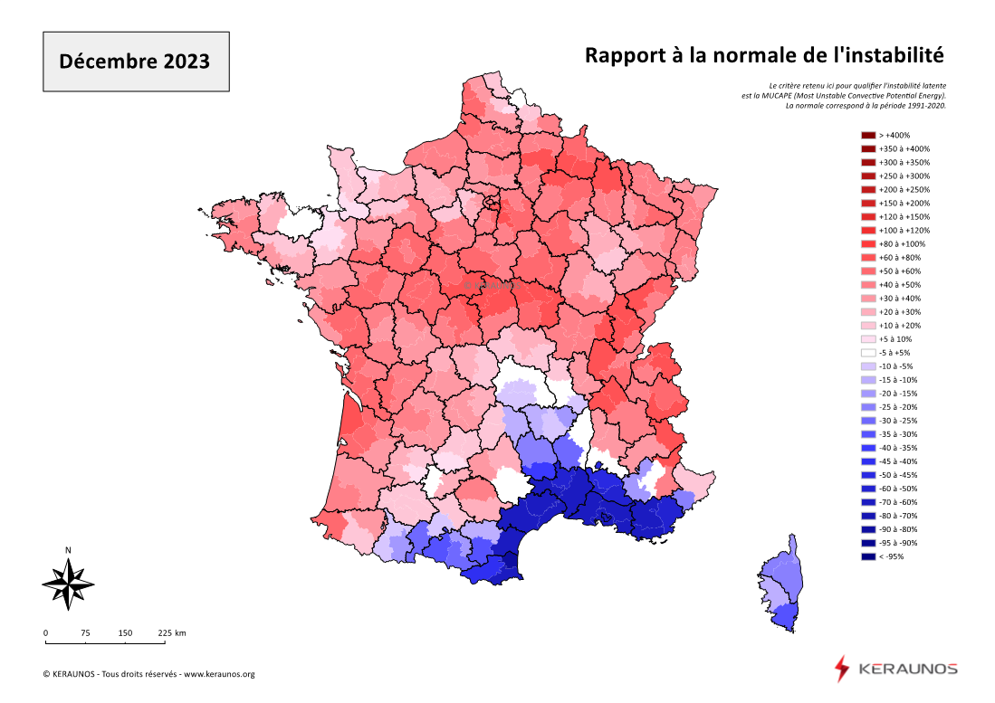 Carte Ecart à la normale de l'instabilité latente - (MUCAPE)