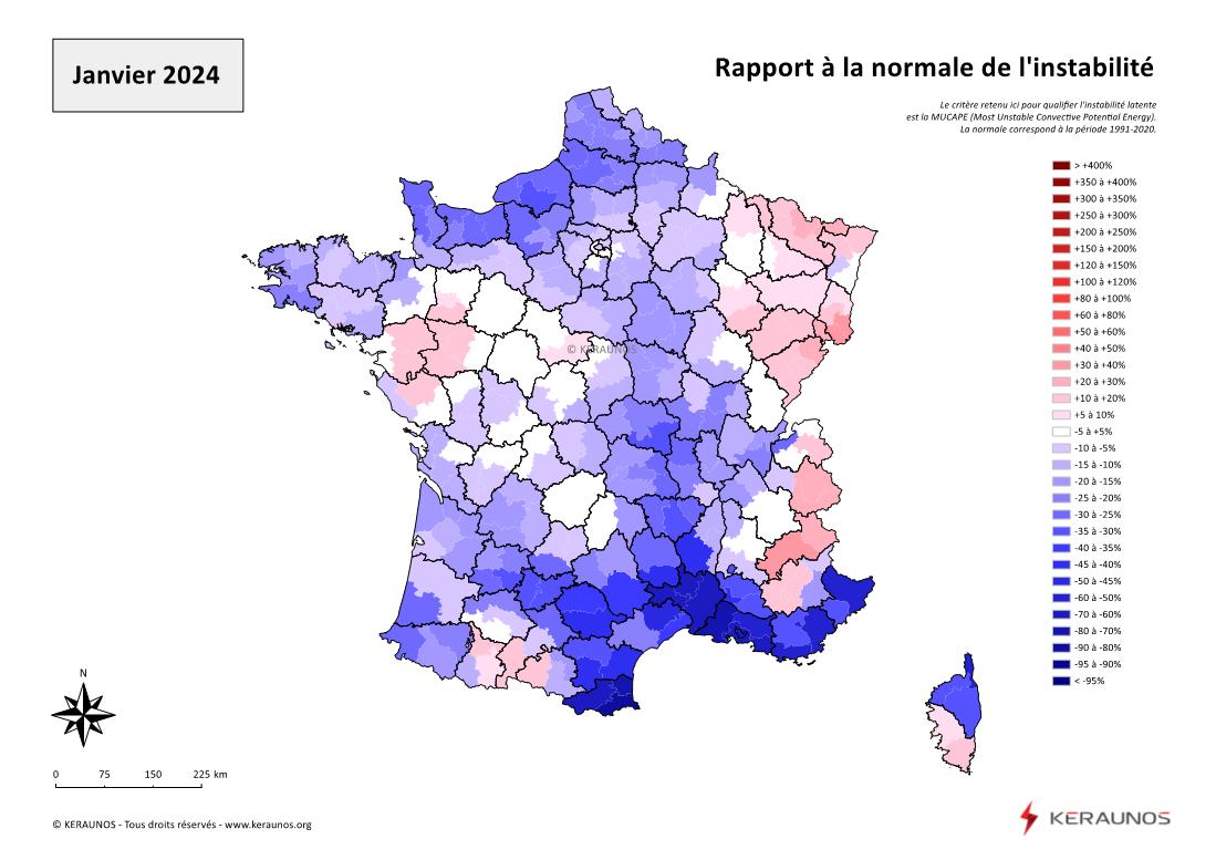 Carte Ecart à la normale de l'instabilité latente - (MUCAPE)