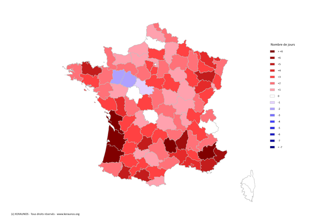 Carte Anomalie du nombre de jours avec orage (moyenne 2009-2015)