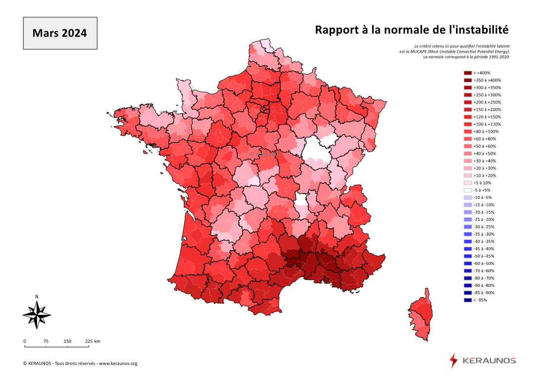 Carte Ecart à la normale de l'instabilité latente - (MUCAPE)