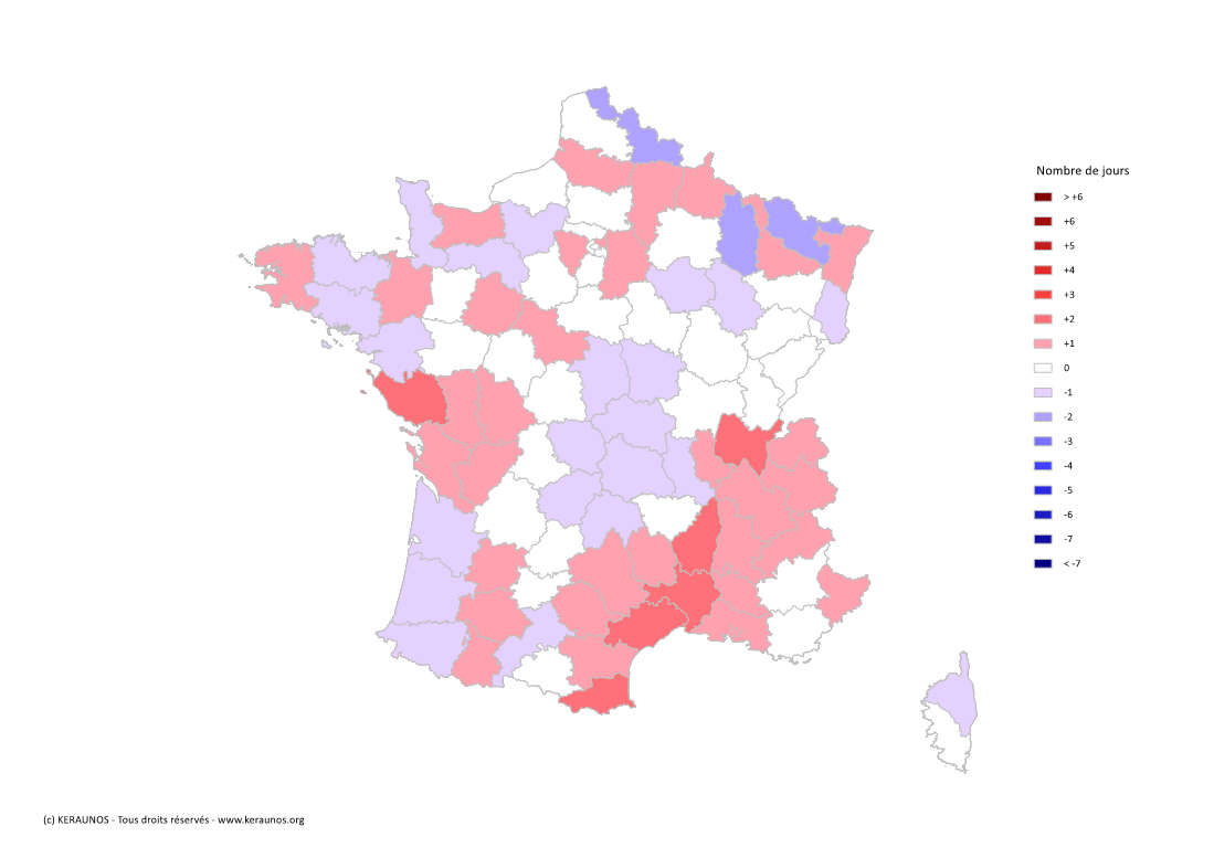 Carte Anomalie du nombre de jours avec orage (moyenne 2009-2015)