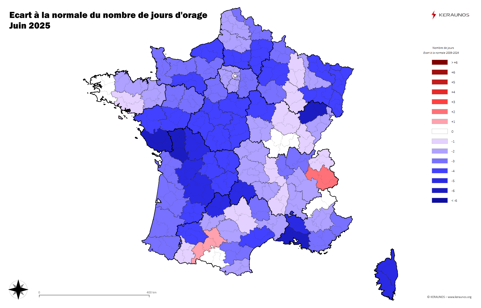 Carte Anomalie du nombre de jours avec orage (moyenne 2009-2015)