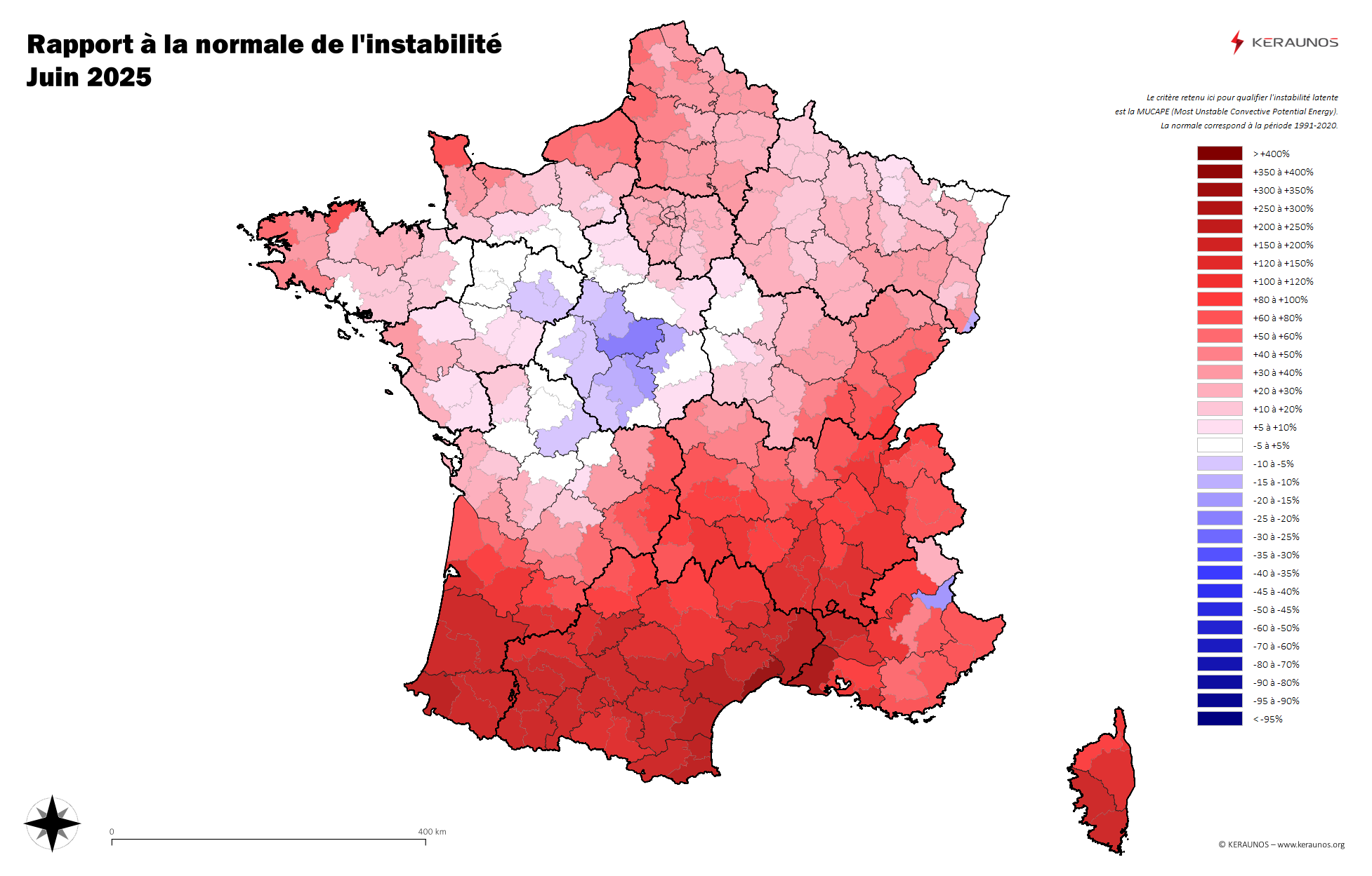 Carte Ecart à la normale de l'instabilité latente - (MUCAPE)