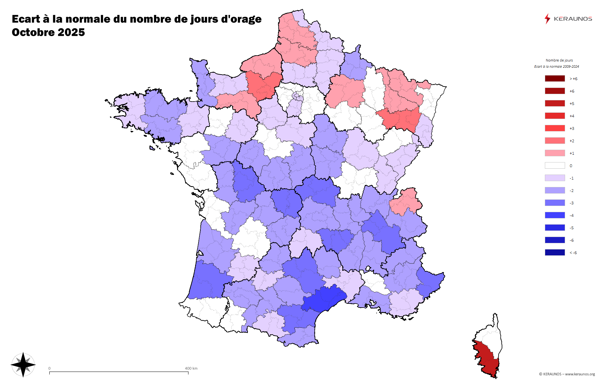 Carte Anomalie du nombre de jours avec orage (moyenne 2009-2015)