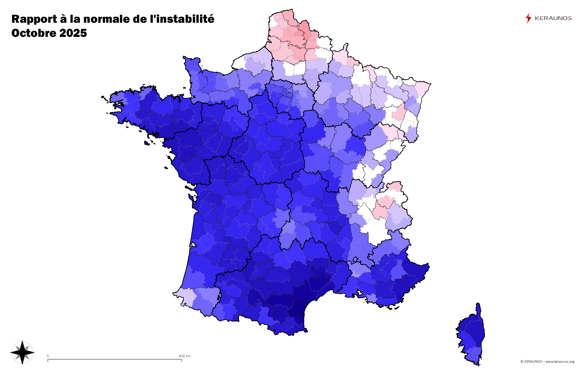 Carte Ecart à la normale de l'instabilité latente - (MUCAPE)