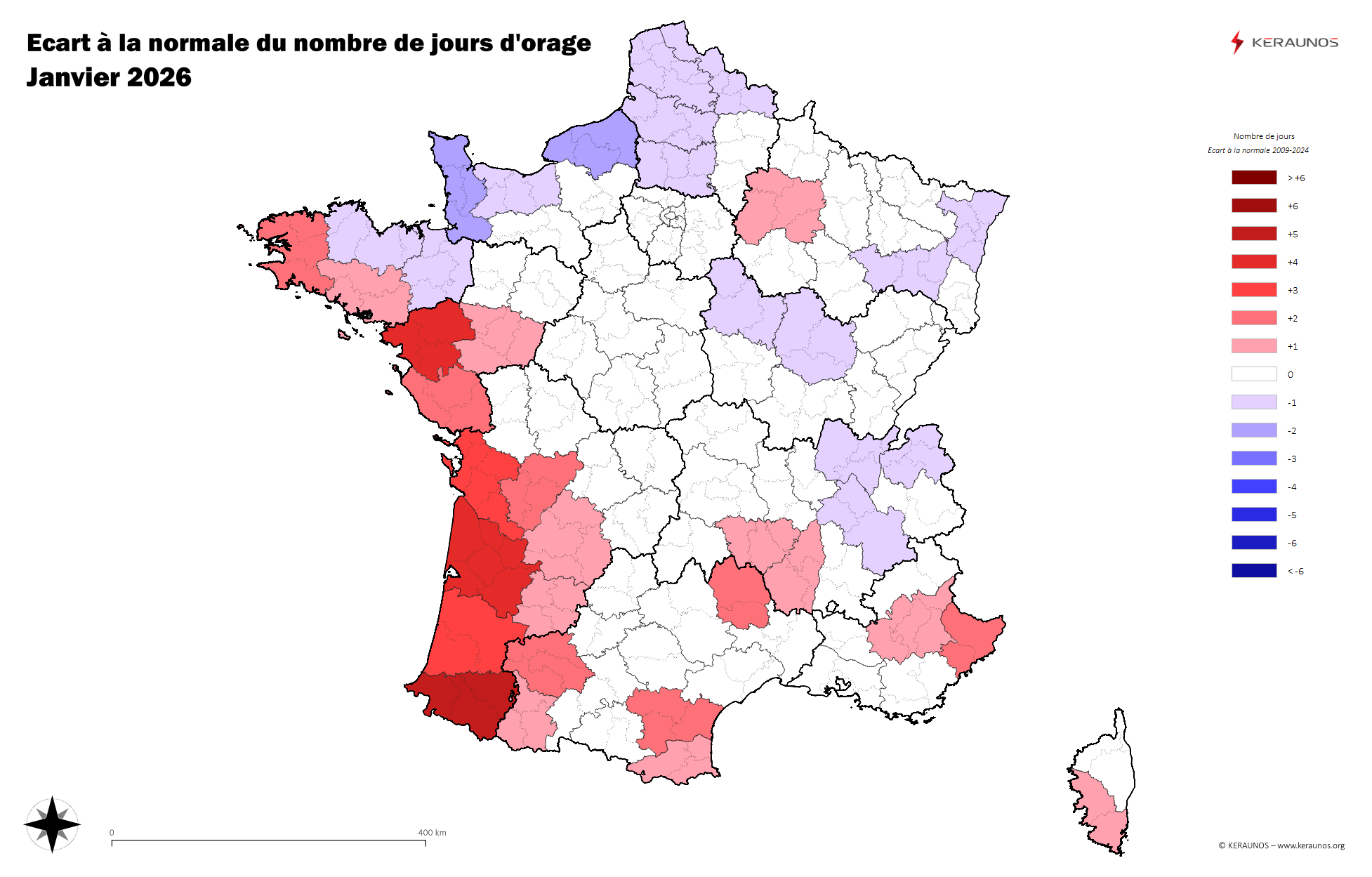 Carte Anomalie du nombre de jours avec orage (moyenne 2009-2015)