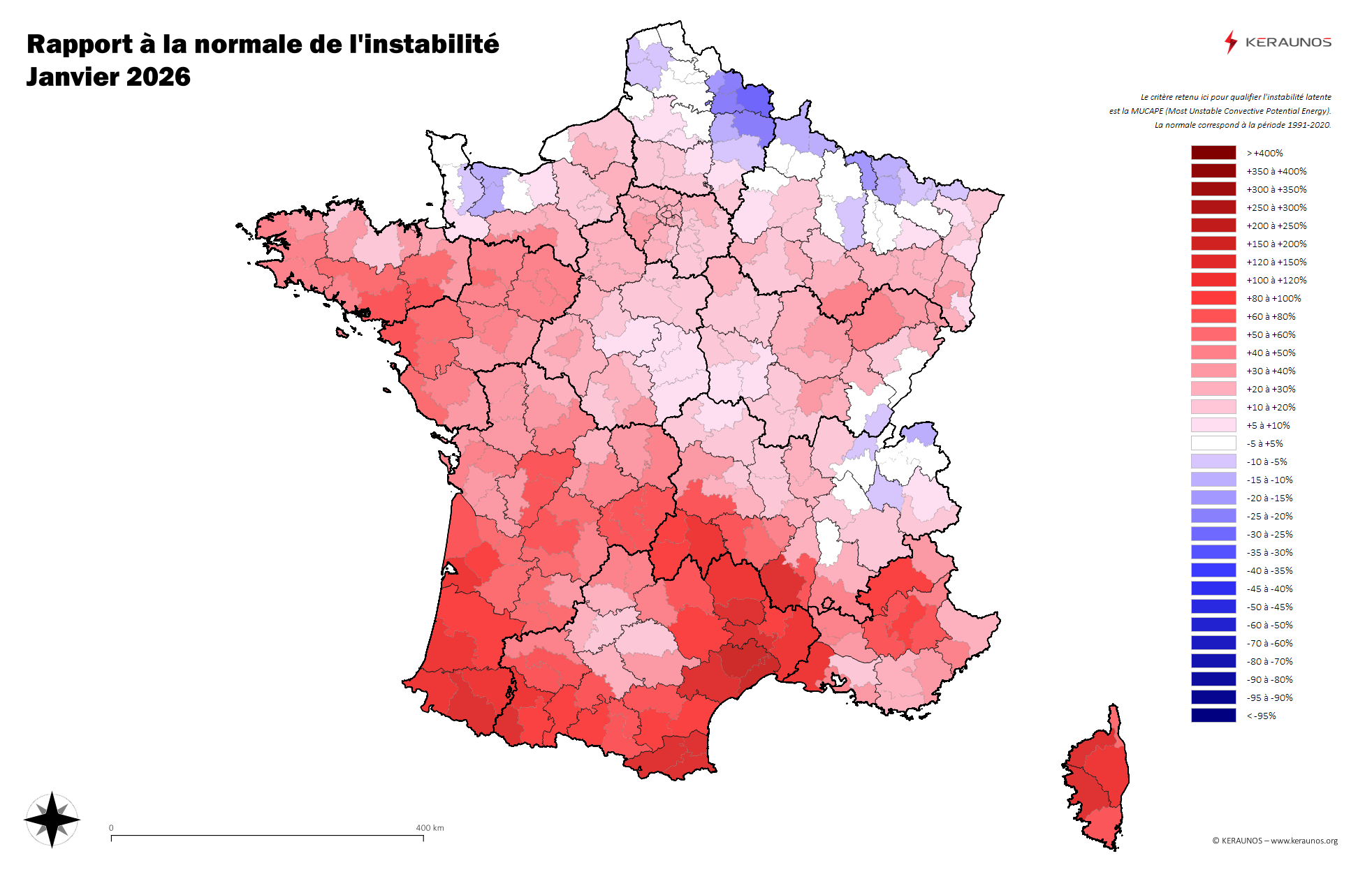 Carte Ecart à la normale de l'instabilité latente - (MUCAPE)