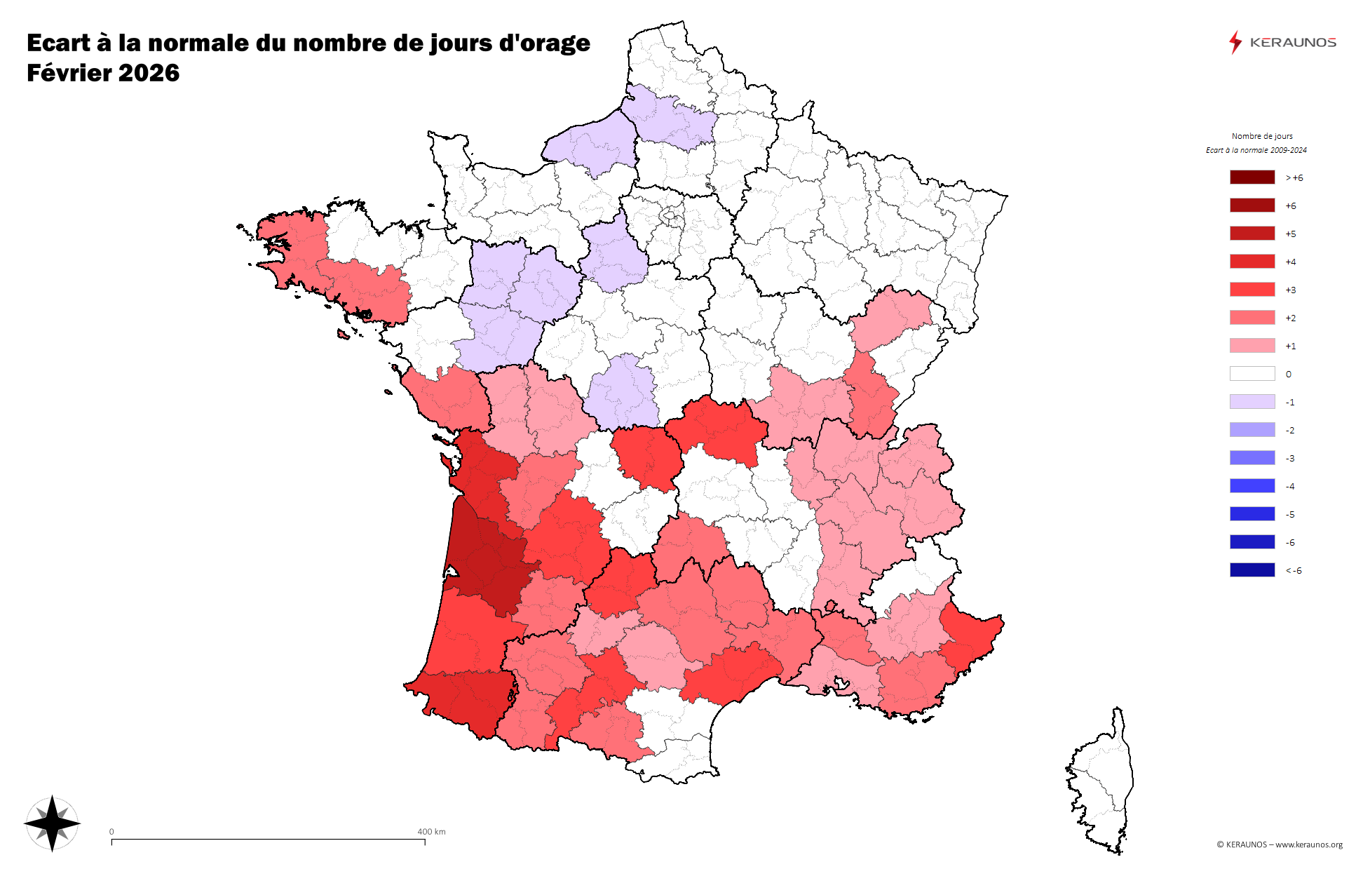 Carte Anomalie du nombre de jours avec orage (moyenne 2009-2015)