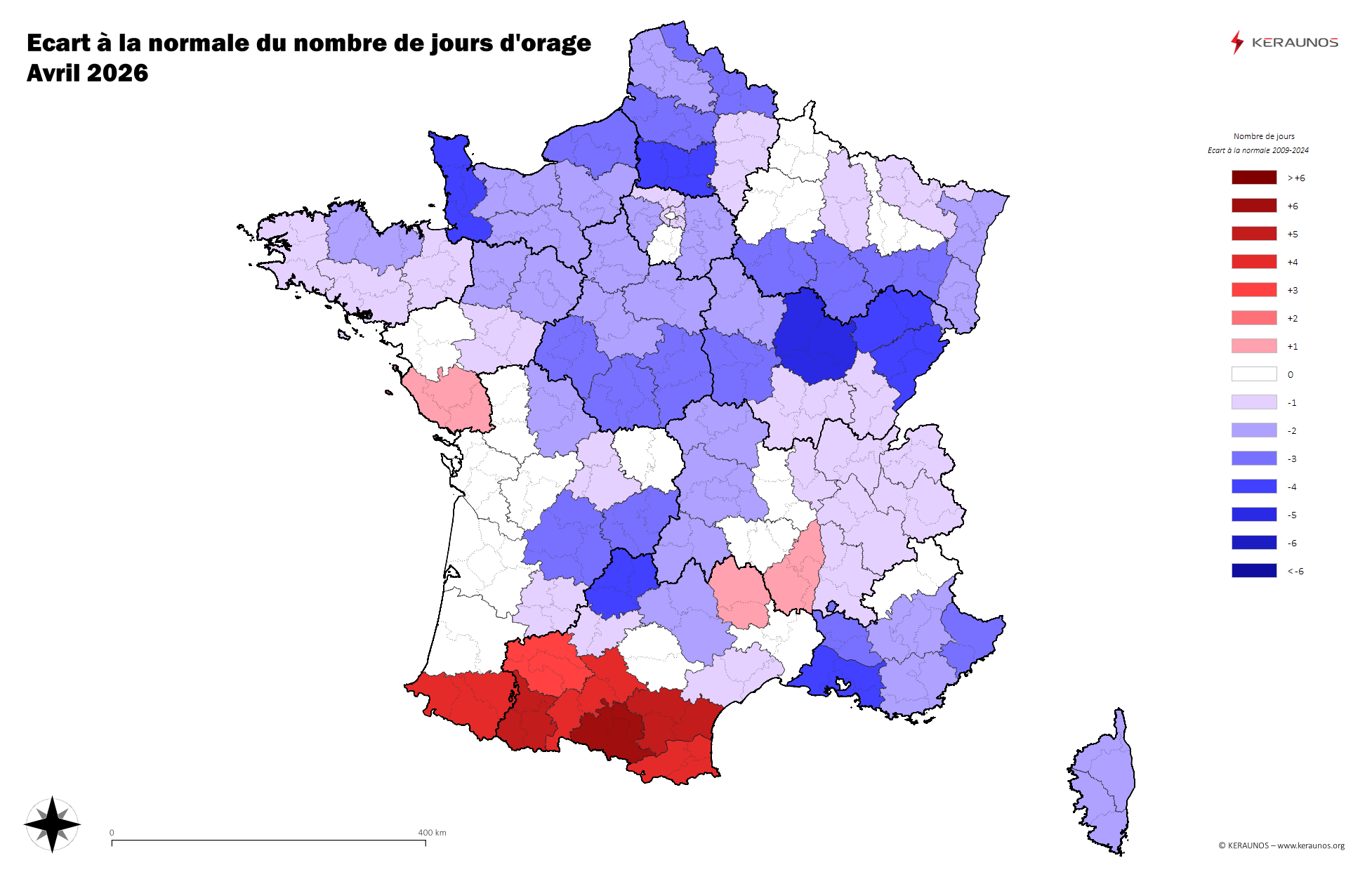 Carte Anomalie du nombre de jours avec orage (moyenne 2009-2015)
