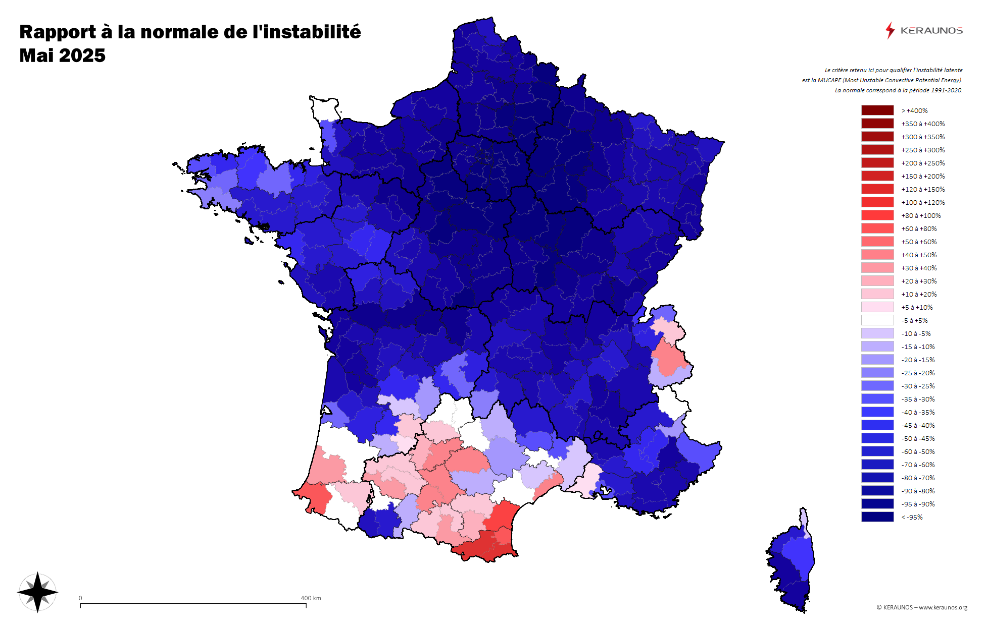 Carte Ecart à la normale de l'instabilité latente - (MUCAPE)