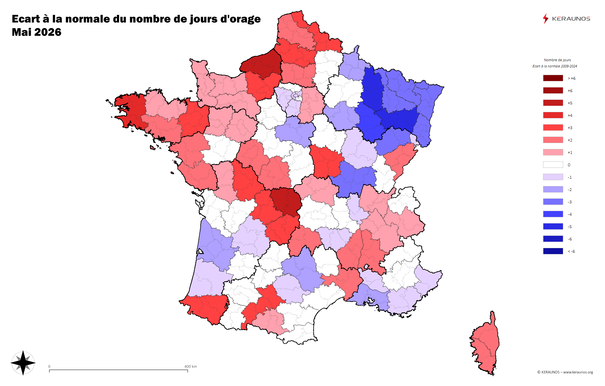 Carte Anomalie du nombre de jours avec orage (moyenne 2009-2015)