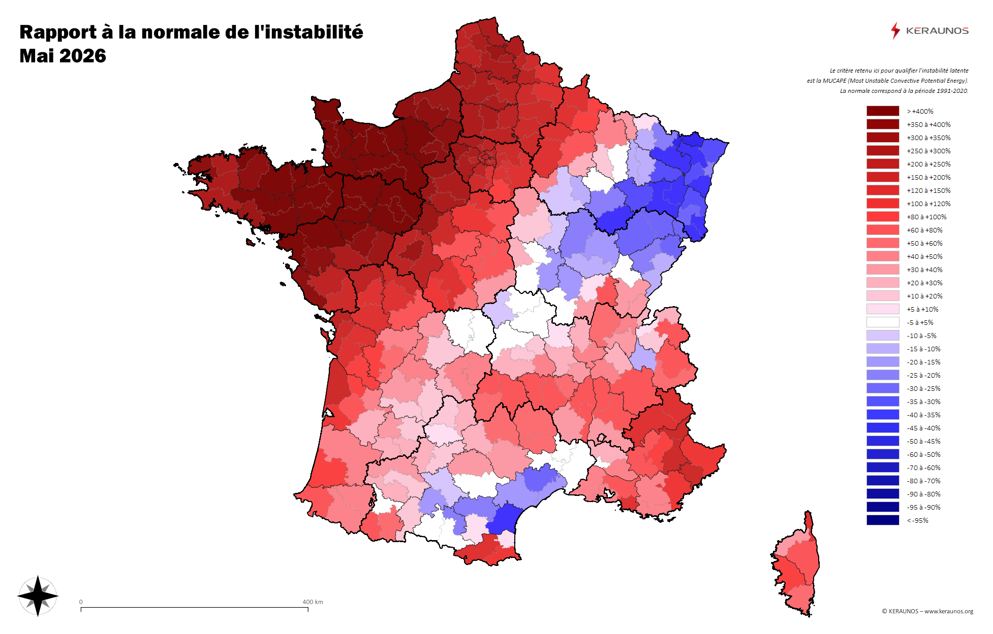 Carte Ecart à la normale de l'instabilité latente - (MUCAPE)