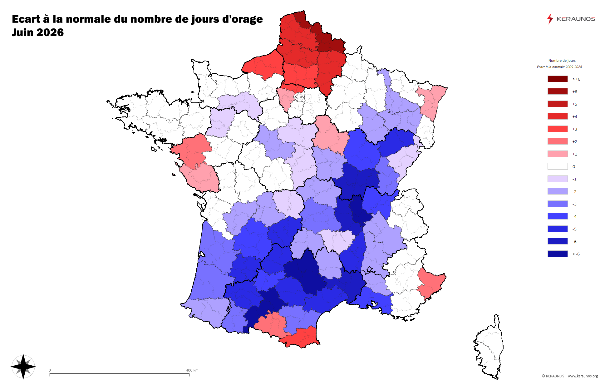 Carte Anomalie du nombre de jours avec orage (moyenne 2009-2015)