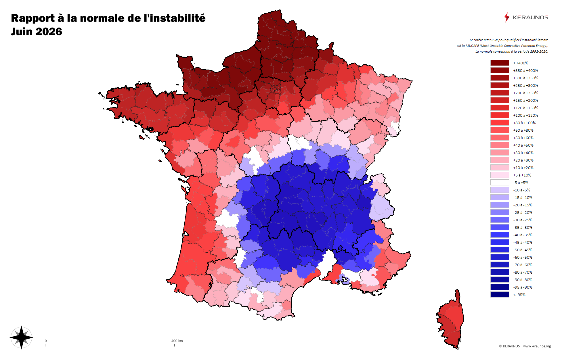 Carte Ecart à la normale de l'instabilité latente - (MUCAPE)