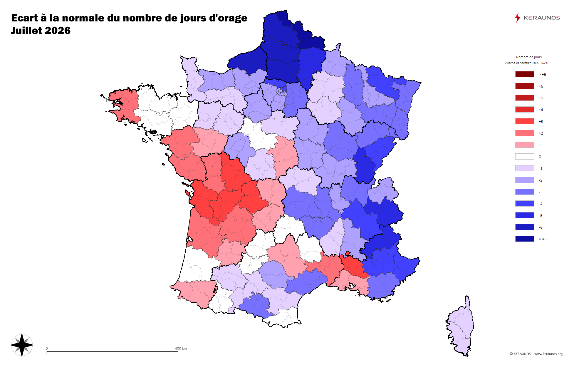 Carte Anomalie du nombre de jours avec orage (moyenne 2009-2015)